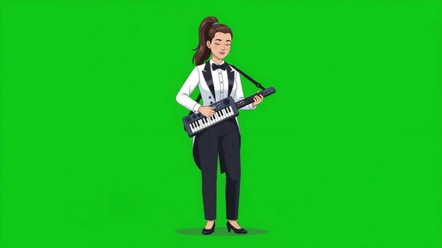 Cartoon illustration of a female musician playing a keytar, standing against a green screen background.