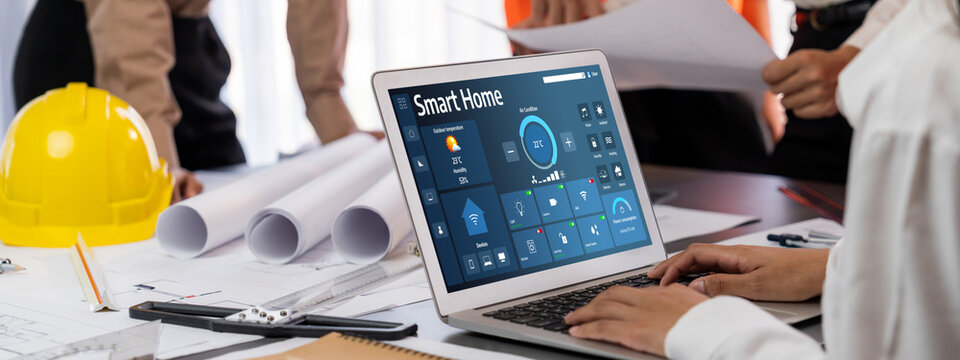 Smart home technology, centric remote control system with digital dashboard for air conditioning, safety security network or house automation. App software, ui panel programming IOT monitor brisk