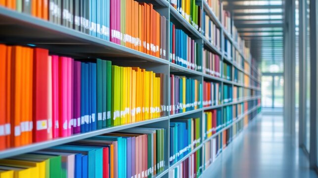Colorful books arranged on shelves in a modern library corridor