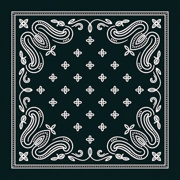 Seamless paisley bandana pattern with white intricate ornamental floral line art design on dark black background