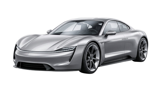 Sleek silver sports car isolated on white background, modern electric supercar with aerodynamic design, luxury metallic coupe for automotive marketing