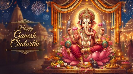 Fototapeta premium Happy Ganesh Chaturthi Greeting with Lord Ganesha, Lotus, Diyas and Festive Lights