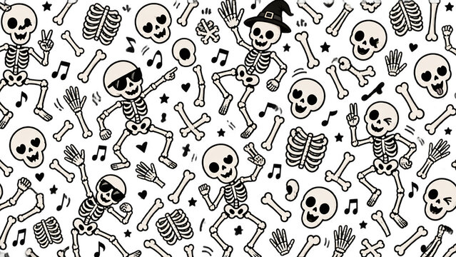Black and white Halloween seamless pattern featuring funny dancing skeletons, skulls, bones, and music notes isolated on a white background. Great for monochrome prints and apparel.