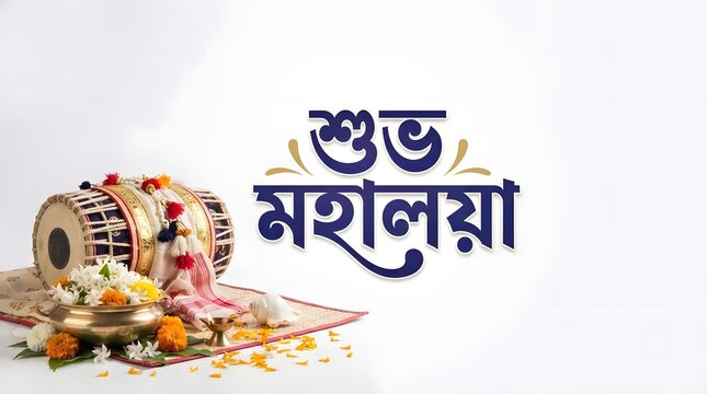 Subho Mahalaya greeting background with dhak drum and brass bowl of flowers on white backdrop.