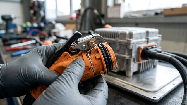 A person in black gloves working with an orange electrical connector and electronic control unit on a workbench.