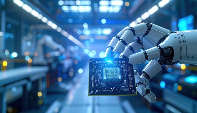 Robotic Hand Holding High Tech Computer Microchip in Futuristic Automated Electronics Factory Lab