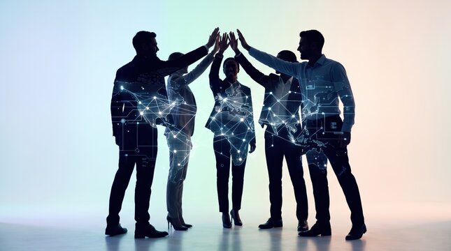 Silhouette of business team giving high five in unity, digital network connection overlay, success, achievement, cooperation, leadership, group of people standing together