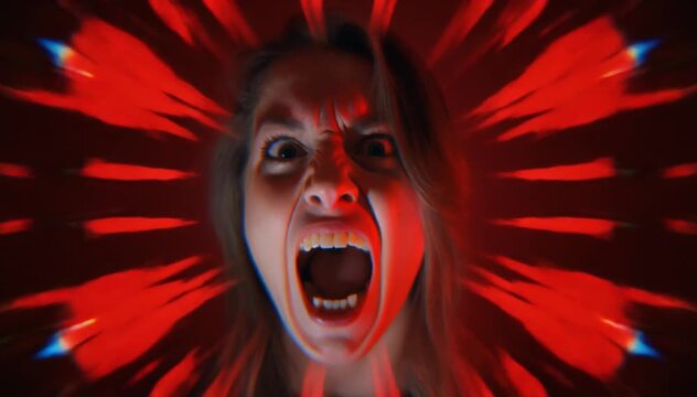 Terrified Woman Screaming with Dramatic Red Light and Abstract Energy Bursts