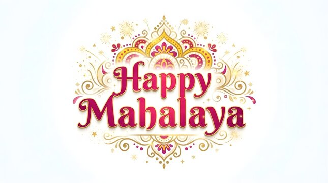Happy Mahalaya decorative typography design with gold mandala and colorful floral patterns.