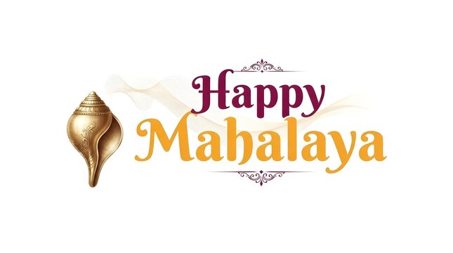 Sacred shankha conch shell with gold accents and elegant script for Mahalaya festival card.