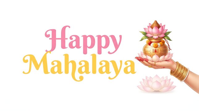 Golden kalash with coconut and lotus held by jeweled hand for Mahalaya festive celebration.