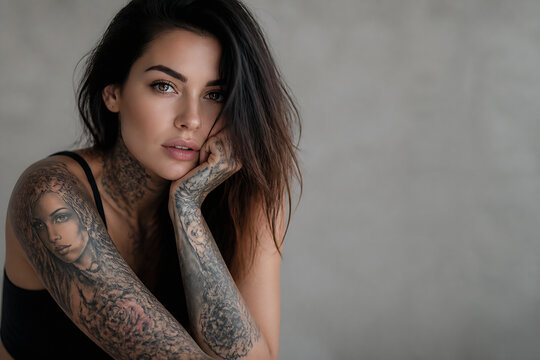 A young woman with dark hair and extensive tattoos is posing thoughtfully against a plain gray background.