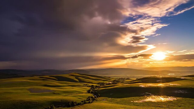 Dramatic sunset over rolling green hills and countryside landscape