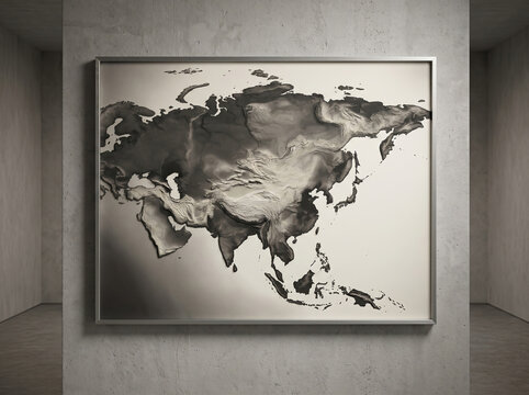 Framed metallic map of Eurasia hanging on a minimalist concrete gallery wall.
