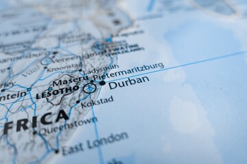 Naklejka premium Map of Durban styled in grey color. Selective focus on label, close-up view