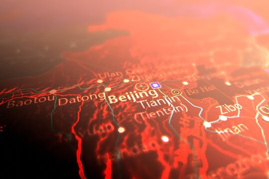 Map of Beijing styled in cyber red colors. Selective focus on label, close-up view