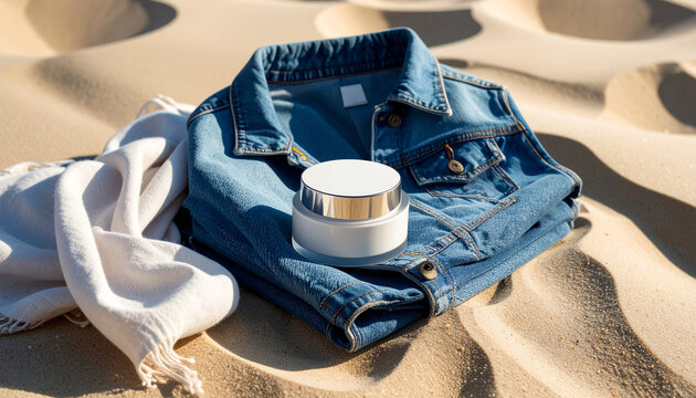 A folded denim jacket rests on golden sand, paired with a soft white cloth and a sleek round container. Sunlight highlights textures, evoking summer travel, relaxation, and effortless style.