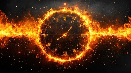 Fototapeta premium Fire engulfs clockface, time burns bright