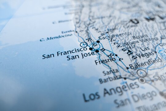 Map of San Jose styled in grey color. Selective focus on label, close-up view