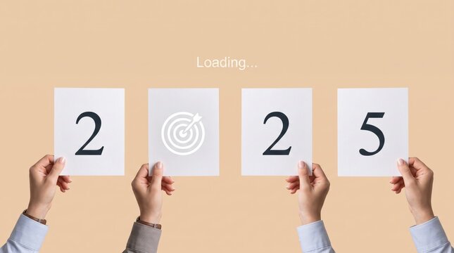 Hands holding white paper cards displaying numbers two zero two five and target bullseye icon symbolizing new year goals and business strategy planning, loading text above