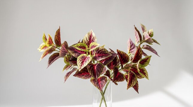 Artificial coleus foliage, Coleus plant branches in glass vase on white background