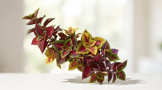 Artificial coleus foliage, Coleus plant branch with colorful leaves on a bright indoor table  