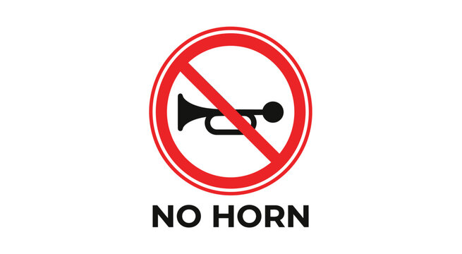 No horn warning sign illustration. Red prohibition badge with trumpet symbol and no horn message for traffic control, vehicle safety, road regulations, and noise restriction.