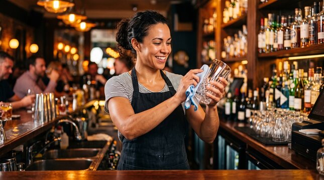 Bartender wiping glassware, Young female bartender cleaning a glass behind a busy bar counter  