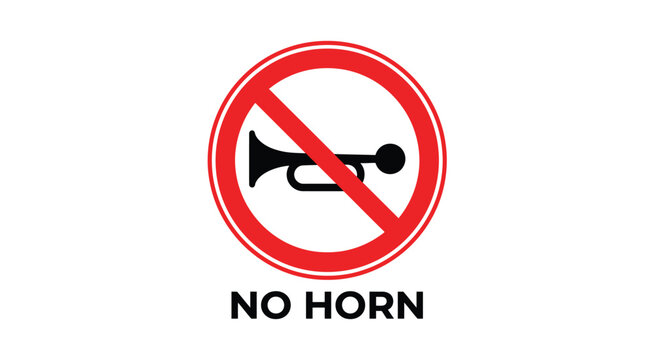 No horn road sign illustration. Traffic prohibition symbol featuring a crossed trumpet icon for quiet areas, driving regulations, highway safety, noise control, and transportation rules.