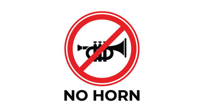 No horn traffic sign illustration. Prohibited horn symbol with red crossed circle and warning message for road safety, traffic regulations, quiet zones, driving rules, and vehicle control.