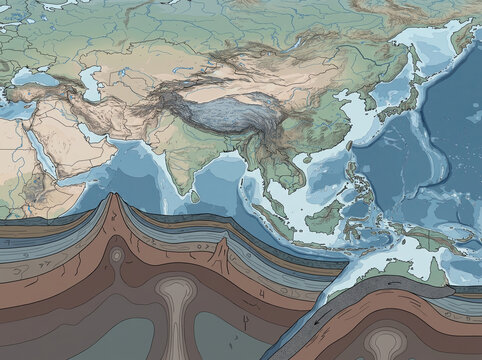 Geological cross section diagram of tectonic plates and mantle layers under Asia and Indian Ocean.