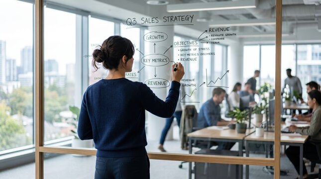 Business woman writing Q3 sales strategy on glass wall, planning revenue growth objectives and key metrics in modern office, corporate team brainstorming session