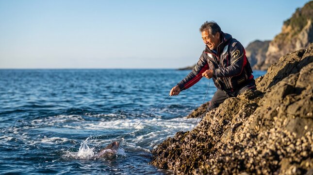 Handline fishing from rocks, Middle-aged man fishing on rocky seashore during daytime