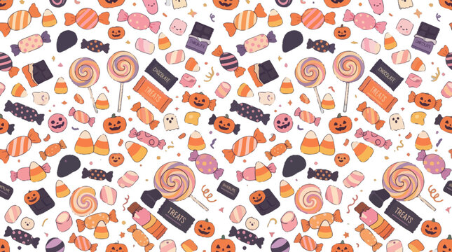 Seamless halloween candy pattern with various treats and pumpkins