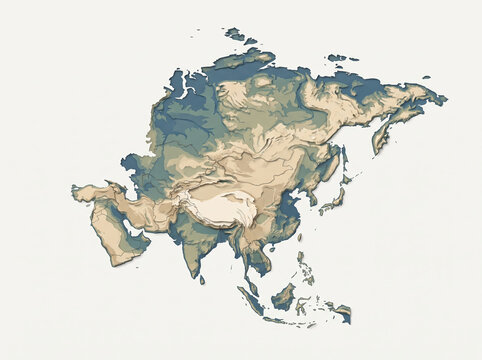 Vintage style physical map of Asia continent with textured background.