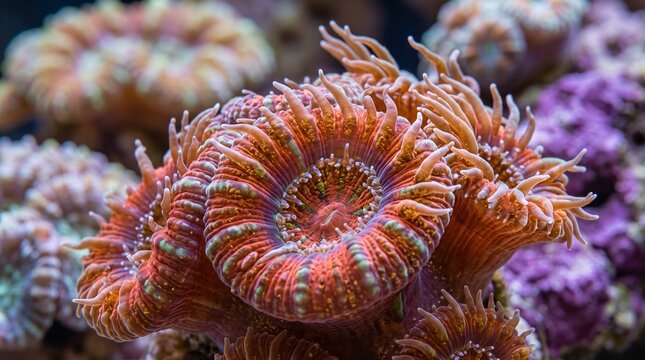 Reef tank zooxanthellae closeup, Close up of orange coral polyps underwater in a marine aquarium  