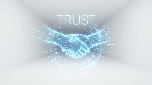 Futuristic digital handshake hologram with trust text in minimalist white room representing business partnership and technology