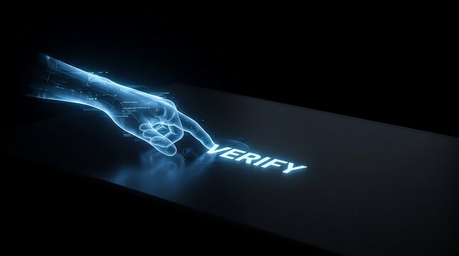 Futuristic digital holographic hand pressing glowing verify button on screen