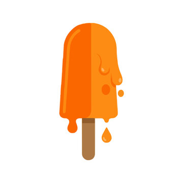 Melting orange popsicle on a wooden stick dripping during hot summer weather, refreshing frozen dessert concept