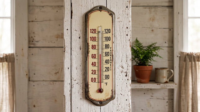 Retro wall thermometer on rustic wooden wall in country style interior  