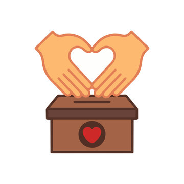 Two hands forming a heart shape over a brown donation box, concept of charity and community support
