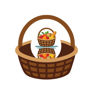 Wicker picnic basket with a circular emblem containing a food hamper representing summer outdoor recreation