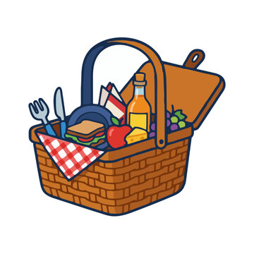 Wicker picnic basket filled with sandwich apple grapes and wine bottle for summer outdoor dining concept