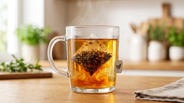 Tea bag steeping in clear mug, Glass mug of herbal tea with tea bag steeping in bright kitchen  