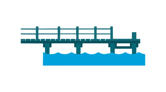 Wooden dock pier with railings standing over blue ocean waves, ideal for summer travel and coastal recreation concepts