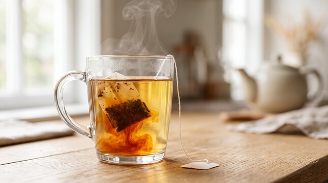 Tea bag steeping in clear mug, Hot tea brewing in glass cup with tea bag on wooden kitchen table  