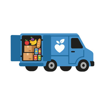 Blue grocery van with open doors showing fresh food, commercial shipping or charity concept