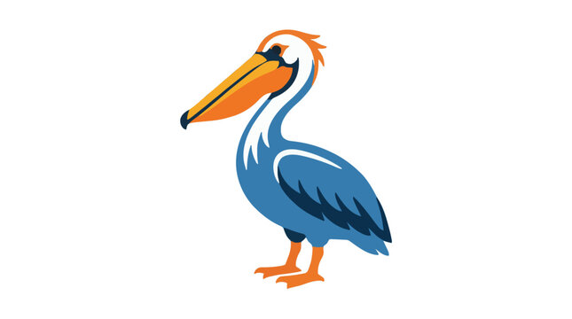 Blue pelican bird with large orange beak standing in profile for coastal wildlife branding and nature design