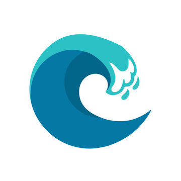 Blue ocean wave curling in a circular shape, minimalist logo representing water sports and marine conservation