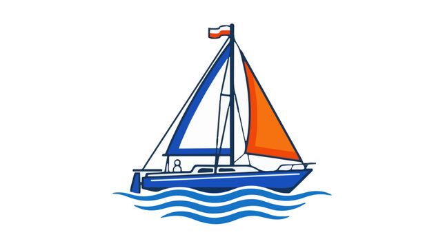 Blue sailing yacht with orange and blue sails cruising on stylized ocean waves, nautical summer adventure concept